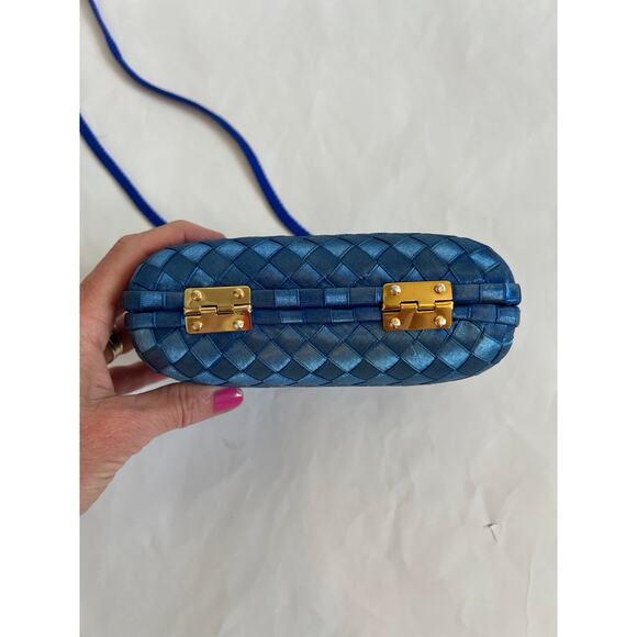 REGALE SMALL BLUE SATIN INTRECCIATO CLUTCH CROSSBODY PURSE WITH CORD STRAP - Picture 3 of 13